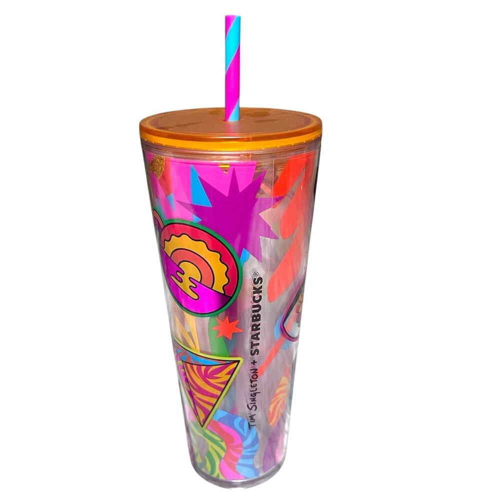 Starbucks Tim Singleton Colorful Cold Cup Tumbler 24oz Retro Neon Swirl NWT